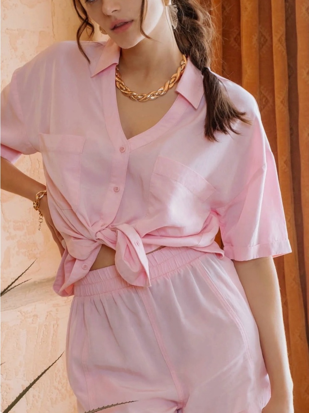 Blu Pepper Light Pink Short Sleeve Tie-Front Blouse and Short Set Large NWT